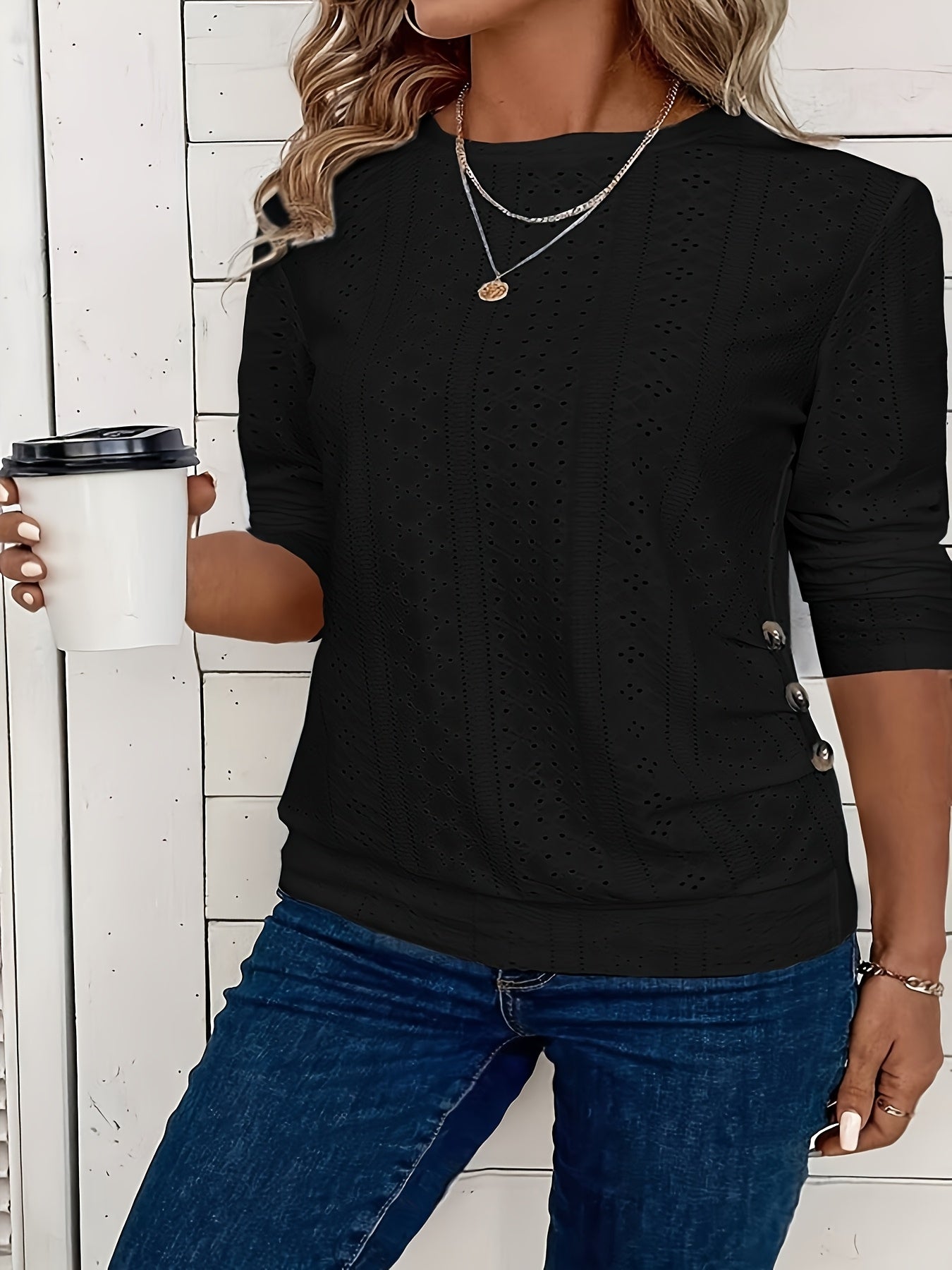 Chic Long-Sleeved Crew Neck Tee - Made from Soft Elastic, Featuring Faux Button Details, Machine Washable, Solid Hue, Length, Ideal for Spring And Autumn - Women'S Fashion Apparel
