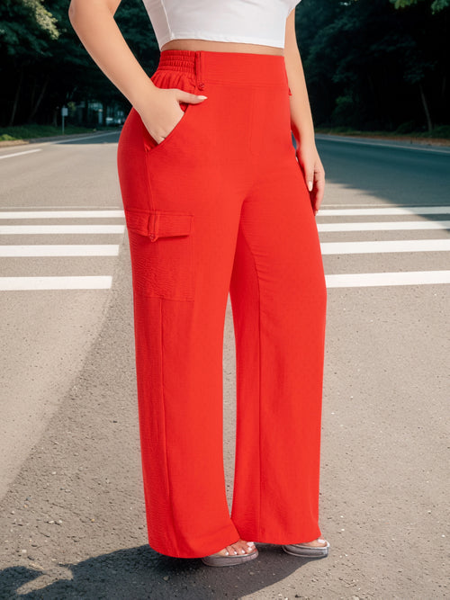 Plus Size - Plus Size - High-Waisted, Elastic-Waist Cargo Pants for Women with a Loose Fit, Wide Legs, And Practical Pockets, Perfect for Casual Travel