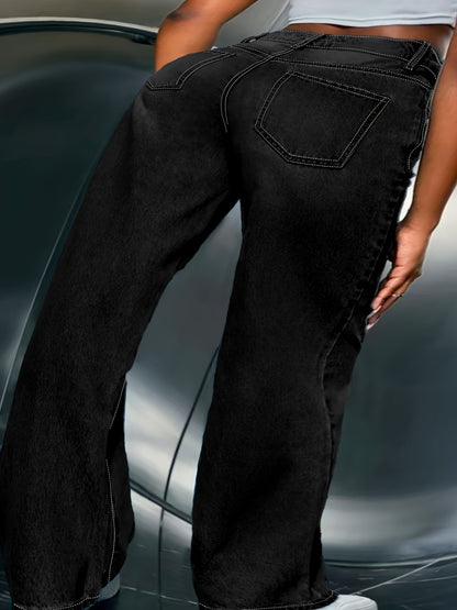 Light Blue Denim Zip Closure Straight Denim Trousers, High-waisted Street, Minimalist Design, Casual And Versatile, Loose Four-season Plus Size Jeans