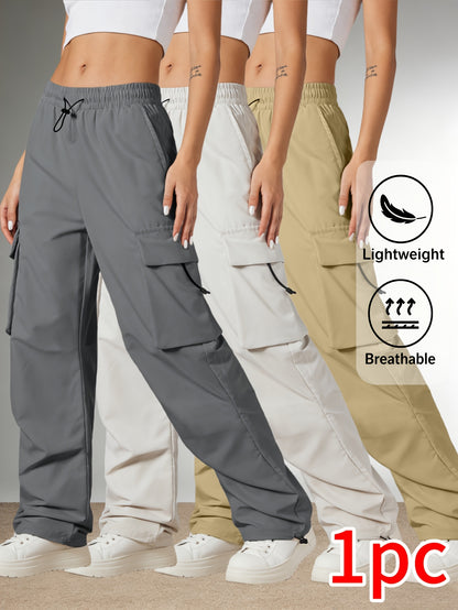 Women'S Casual Cargo Pants, Elastic High Waist Drawstring Loose Wide Leg Trousers, Multi-Pocket Utility Pants, Lightweight Quick Dry, Streetwear Y2K Style, Hiking Outdoor Jogger Pants for Daily/Travel/Workout, Black/Gray/Khaki