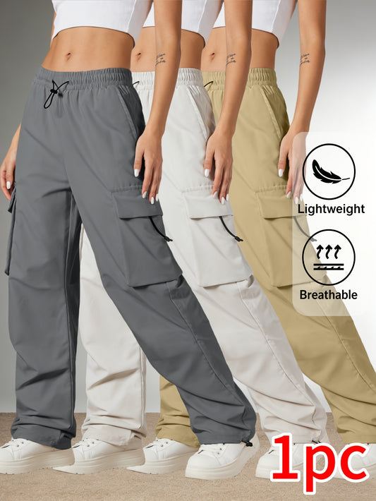 Women'S Casual Cargo Pants, Elastic High Waist Drawstring Loose Wide Leg Trousers, Multi-Pocket Utility Pants, Lightweight Quick Dry, Streetwear Y2K Style, Hiking Outdoor Jogger Pants for Daily/Travel/Workout, Black/Gray/Khaki