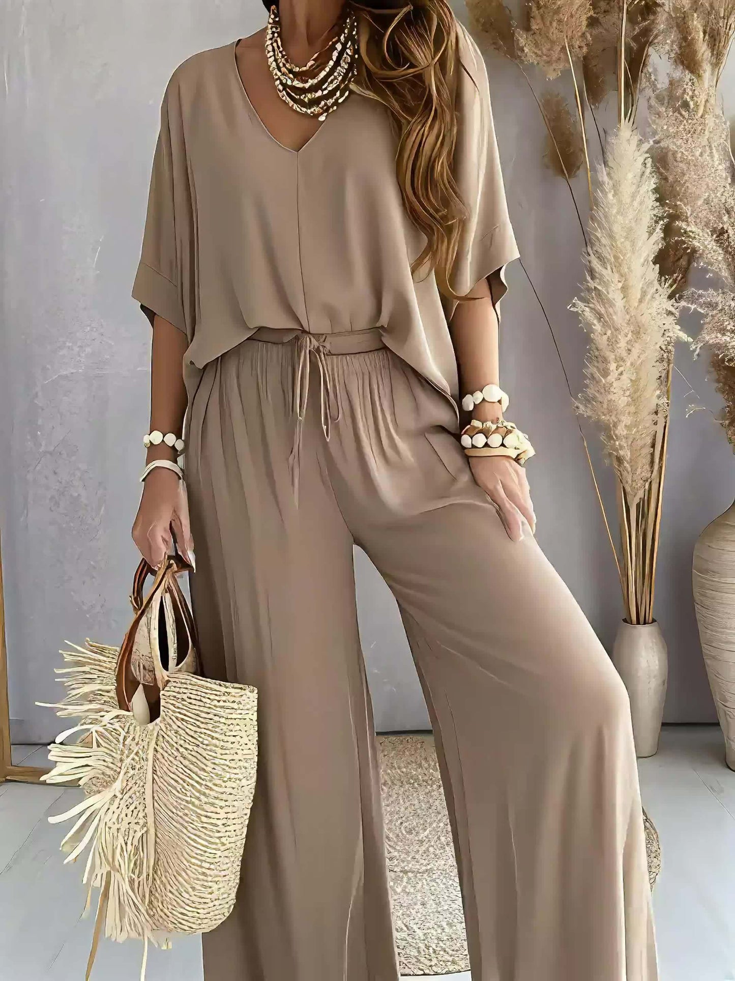 2026 New Women'S Two-piece Pants Set, Double V-neck With Back Exposure, Loose Batwing Sleeve Top, High-waisted Drawstring Wide-leg Pants Set, Relaxed And Bohemian Vacation Style, Casual And Cozy Outfit For Both Work And Date Nights