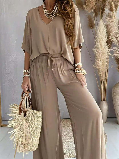 2026 New Women'S Two-piece Pants Set, Double V-neck With Back Exposure, Loose Batwing Sleeve Top, High-waisted Drawstring Wide-leg Pants Set, Relaxed And Bohemian Vacation Style, Casual And Cozy Outfit For Both Work And Date Nights