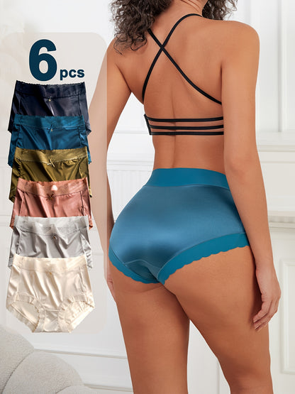 6pcs Women's Satin & Lace Trim Briefs - Comfy, Breathable, Stretchy High Waist Panties for Elegant Comfort