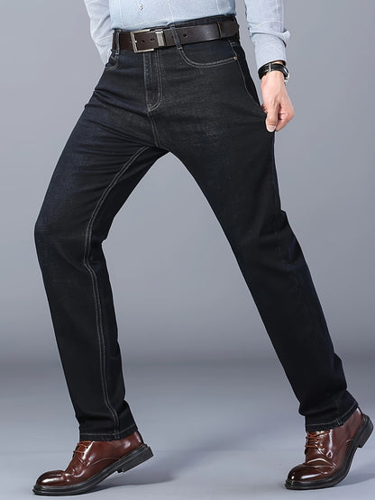 Men's Classic Straight-Leg Stretch Denim Jeans - Water-Washed Black Casual & Business Casual Pants, All-Season Machine Washable Regular Fit