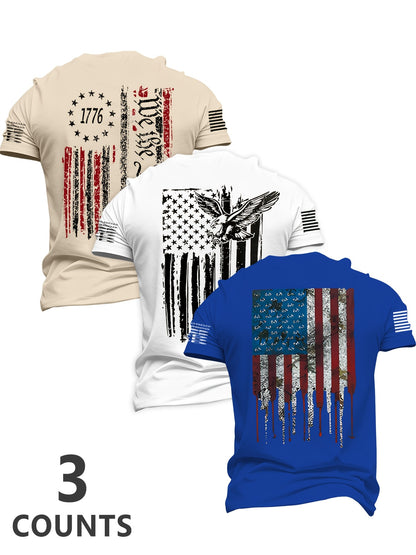 Men'S 3pcs 4Th of July American Patriotic Flag Eagle Short Sleeve T-Shirt Set, All-Black Vintage Print Design, 250 American Celebration Items-Inspired, Featuring 1776 Betsy Ross Flag, Declaration of Independence, Bald Eagle & American Flag Elements