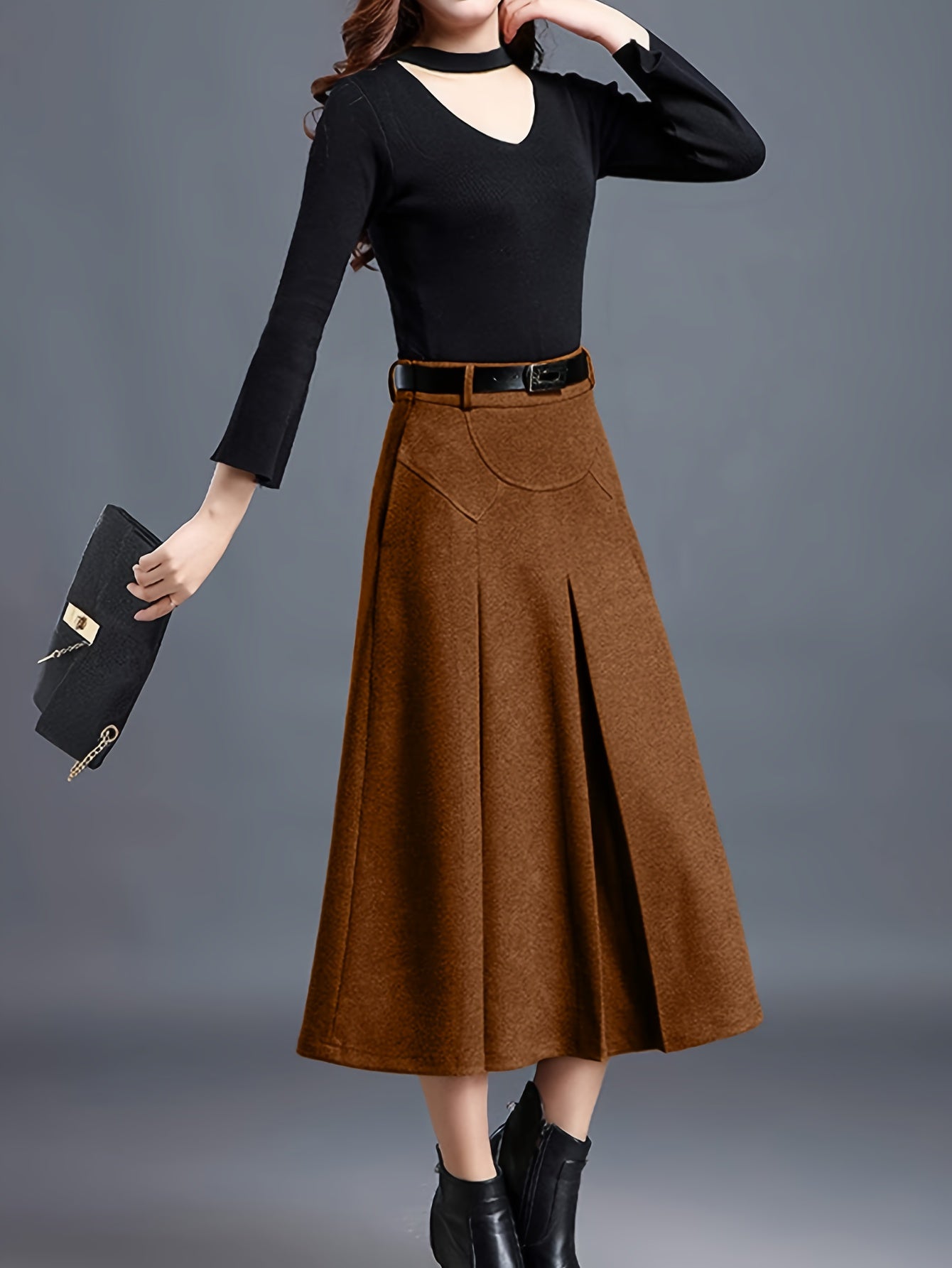 Women's Black Wool High-Waist Pleated Skirt - product view 7