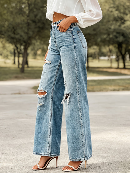 Women's Cool Ripped High-Waisted Straight-Leg Jeans New Streetwear Casual Pants Stretch Washable Fabric Comfortable And Versatile with Pockets Perfect for Outings Comfortable Year-Round Fit