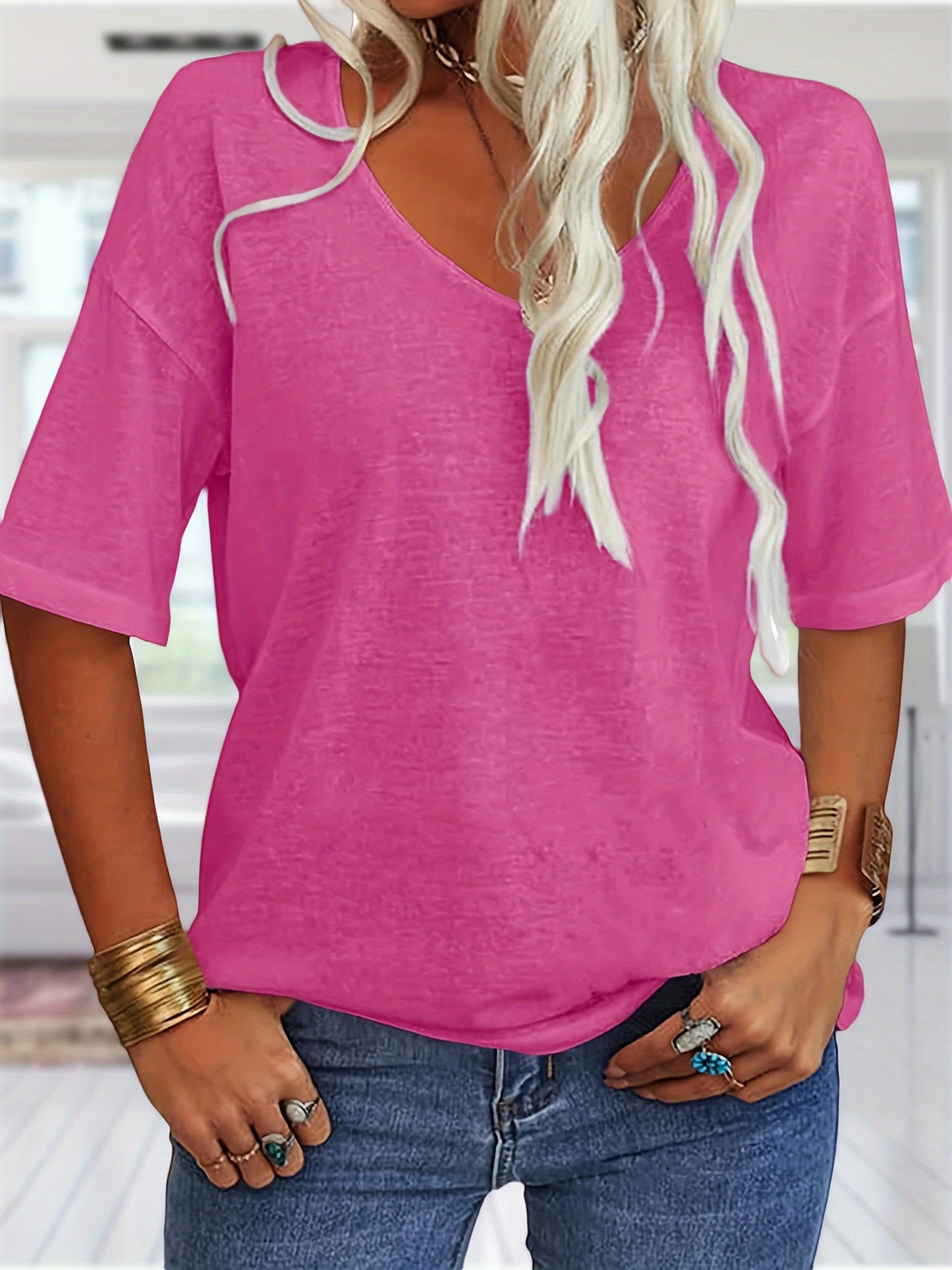 Casual Loose-Fitting Basic Tunics for Women, Featuring a V-Neck And Half Sleeves, Perfect for Summer