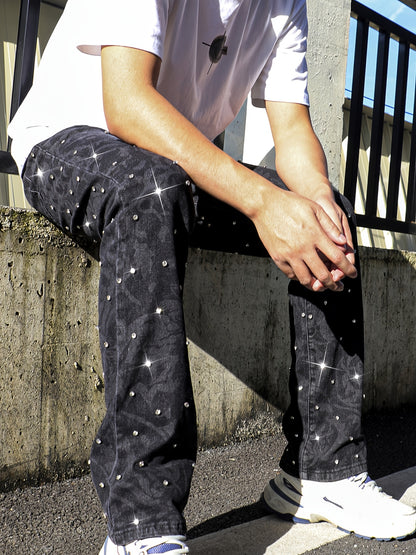 Y2K Men's Shiny Rhinestone Embellished Stretch Slim-Fit Jeans, Casual Street Style Hip-Hop Skateboarding Rap Pants, Machine Washable - All-Season Wear