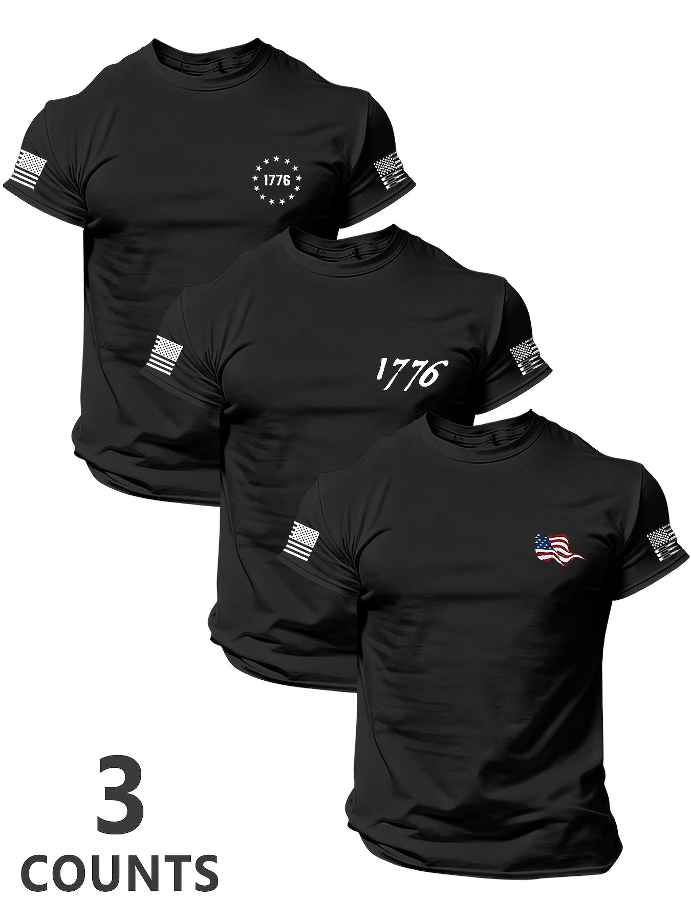 Men'S 3pcs 4Th of July American Patriotic Flag Eagle Short Sleeve T-Shirt Set, All-Black Vintage Print Design, 250 American Celebration Items-Inspired, Featuring 1776 Betsy Ross Flag, Declaration of Independence, Bald Eagle & American Flag Elements