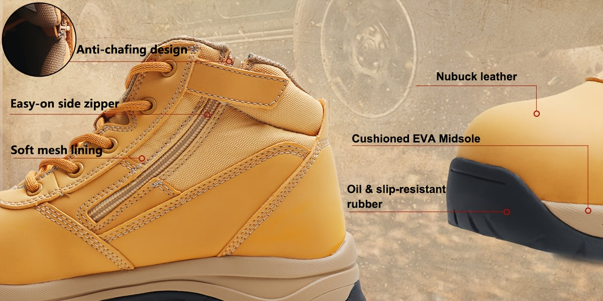 Men's Work Boots, YKK Zipper, Steel Toe Shoes, Anti-Slip Rubber Sole, Genuine Leather Upper, Puncture-Proof(OX2519)