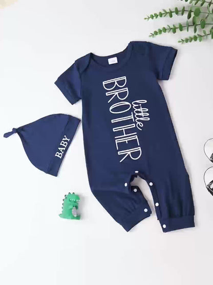 Set of 2 for Baby Boys Featuring a Stylish Little Brother Print, Includes a Short-Sleeve Jumpsuit And a Hat, Perfect for Summer, for Outdoor