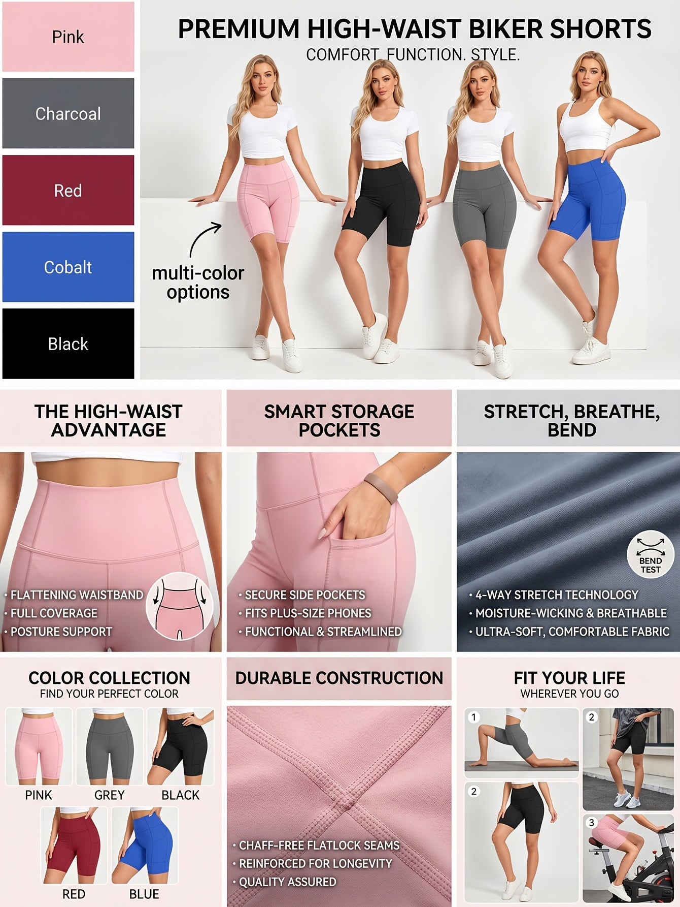 Black + Gray + Red + Blue + Pink Polyester High-Waist Shorts - product view 8