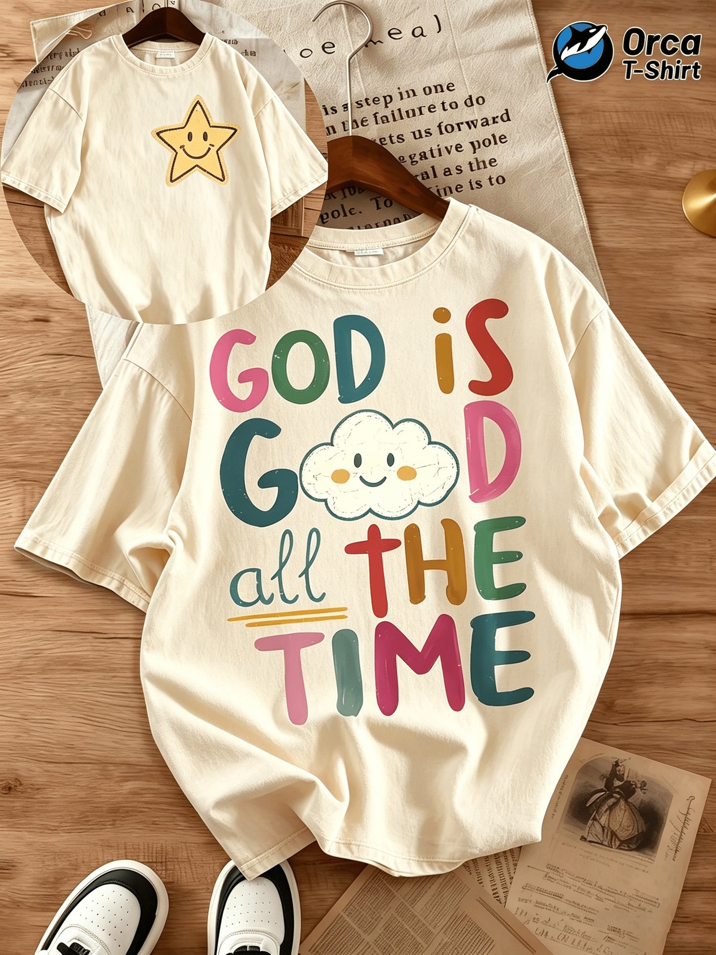 Color Letter Printed Joyful Face Pattern GOD IS GOOD ALL THE TIME Short-sleeved T-shirt Men's and Women's Loose Casual Trendy Tops, Old Washed Cotton Double-sided Casual Tops, Suitable for Holidays, Going Out, Home, Outdoor, Gift Giving and Other