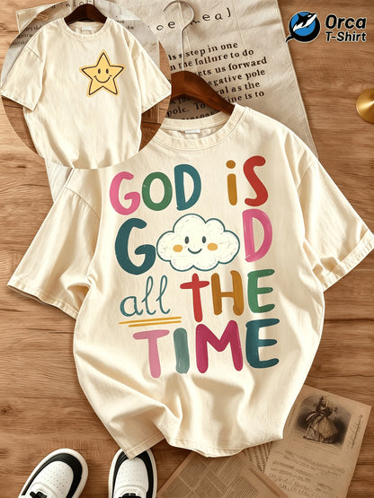 Color Letter Printed Joyful Face Pattern GOD IS GOOD ALL THE TIME Short-sleeved T-shirt Men's and Women's Loose Casual Trendy Tops, Old Washed Cotton Double-sided Casual Tops, Suitable for Holidays, Going Out, Home, Outdoor, Gift Giving and Other