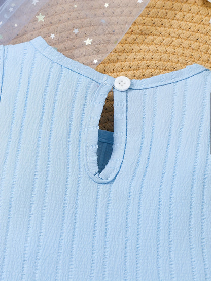 2pcs Girls' Summer Set: Blue Striped Sleeveless Top with Ruffle Design and Floral Print, Bow Detail & Wooden Ear Short Pants Casual Outfit, Perfect for Outdoor