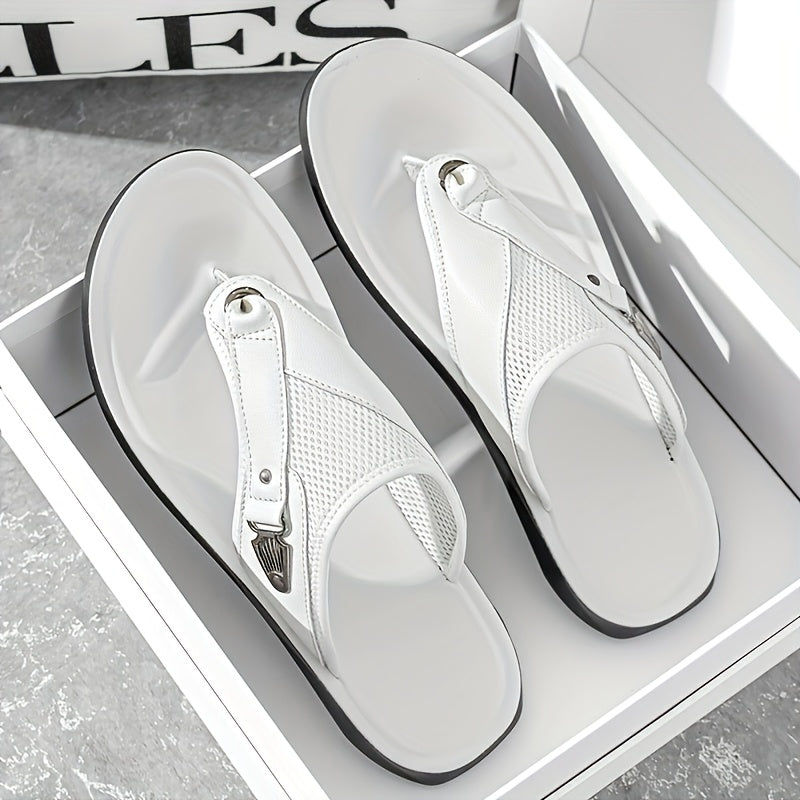 Men's Faux & Mesh Flip Flops - Toe Post Design with Metal Accent & Breathable Panels, Lightweight Comfort Footwear for Daily Casual, Beach & Poolside Wear