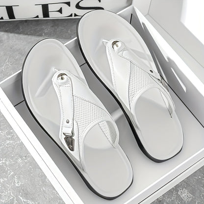 Men's Faux & Mesh Flip Flops - Toe Post Design with Metal Accent & Breathable Panels, Lightweight Comfort Footwear for Daily Casual, Beach & Poolside Wear