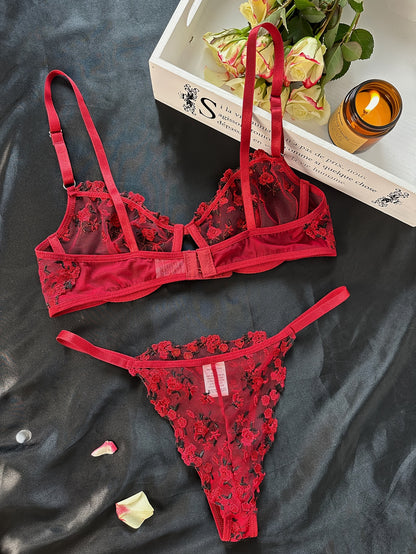 Christmas Gift Women'S Sexy Lingerie Combination Bra Underwear Chic Lingerie Set Available In Soft Pink, Elegant Black-Red, Romantic Burgundy, And Stylish Black-Blue, Vibrant Rose Embroidery On Sheer Mesh And Feminine Ribbon Details