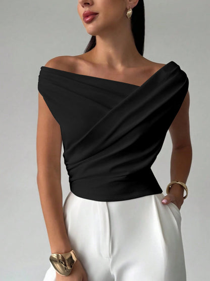 Summer Solid Color Sleeveless T-Shirt, Simple Style, Off-Shoulder, Slim Fit, Sleeveless Short Top