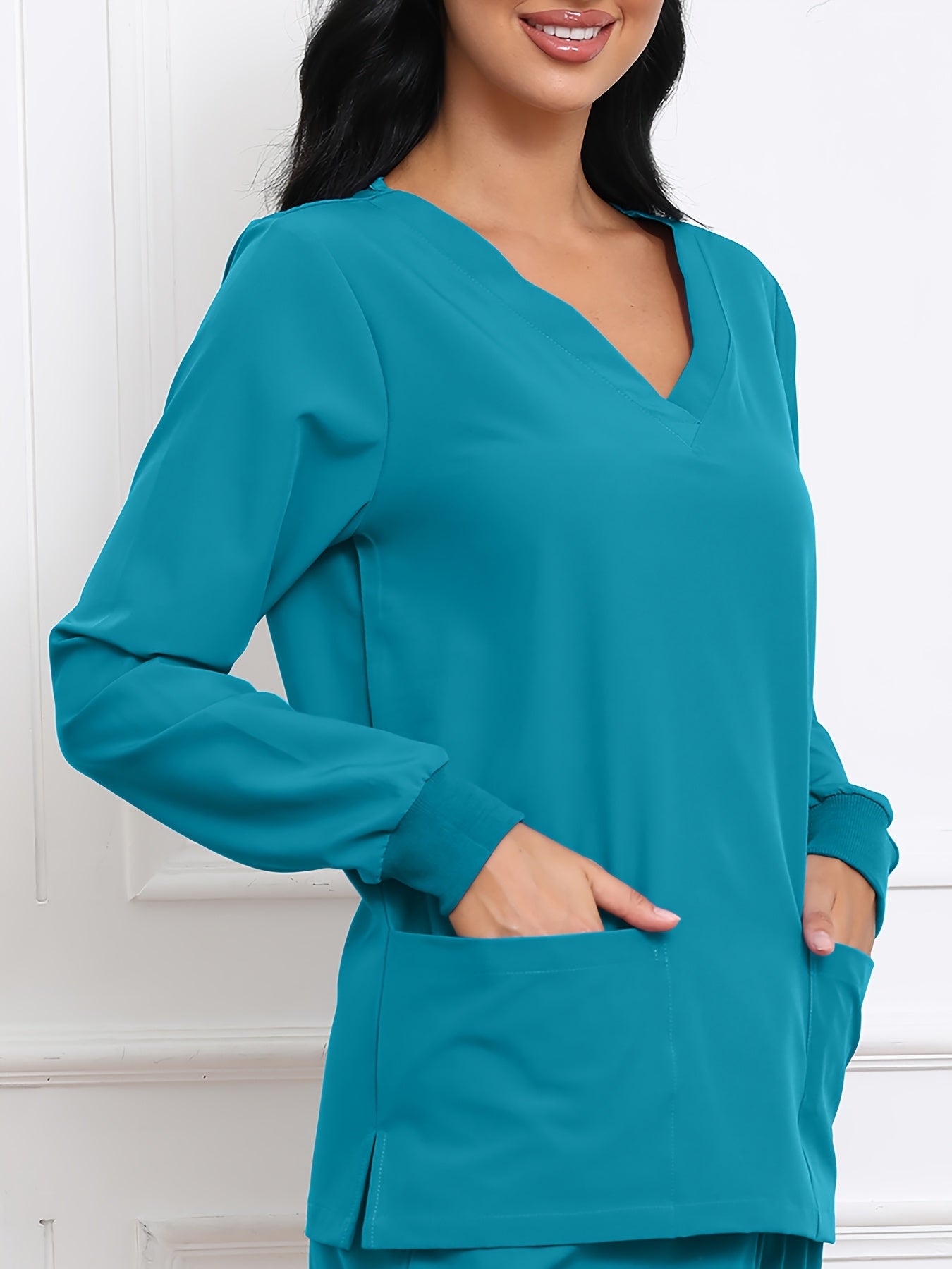 Women's V-Neck Long Sleeve Matte Breathable S Uniform Pockets Wash Clothes Work Shirt Scrubbing Top