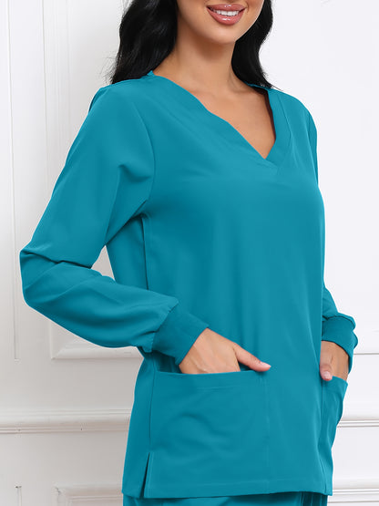 Women's V-Neck Long Sleeve Matte Breathable S Uniform Pockets Wash Clothes Work Shirt Scrubbing Top