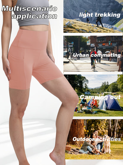 1pc Women's High-Waisted Yoga Shorts with Tummy Control & Pockets - Breathable Workout Gym Shorts, Tight-Fitting Low-Rise Athletic Pants for Summer, Gymnastics, Training (Black/Grey/Navy/Pink/ Brown) - Non-See-Through Quick-Dry