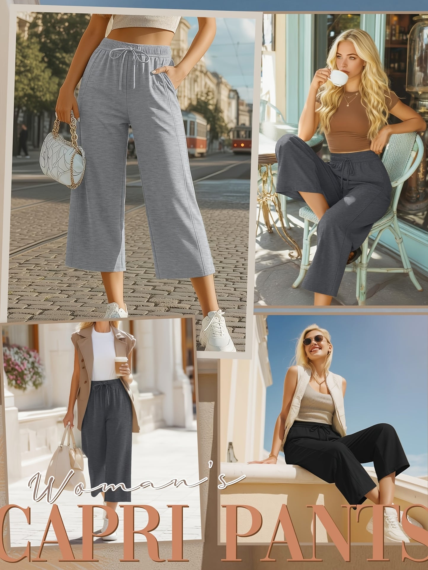 Plus Size, 3pcs Plus Size Women's Capri Pants, Wide Leg Basic Sweatpants Lounge Loose Fit Casual Drawstring Capris with Pockets