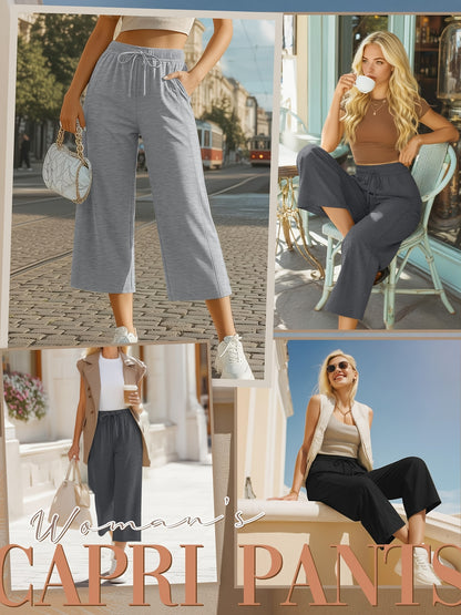 Plus Size, 3pcs Plus Size Women's Capri Pants, Wide Leg Basic Sweatpants Lounge Loose Fit Casual Drawstring Capris with Pockets