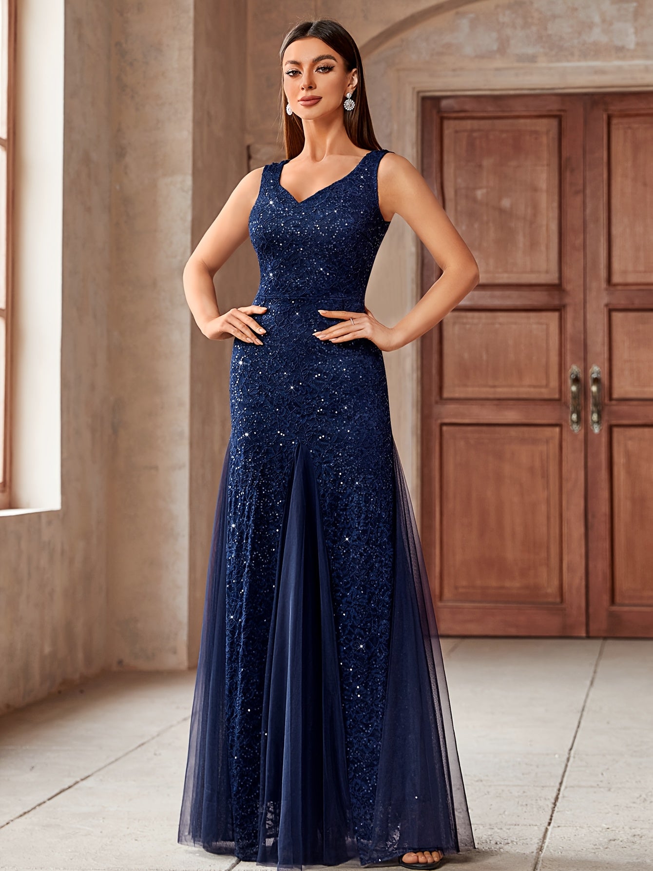 23218 Elegant Women's Sequin Lace Long Evening Bridesmaid Dress, Sweetheart Neckline Sleeveless Design with Slit Tulle Mermaid Hem, Perfect for Formal Wedding Party