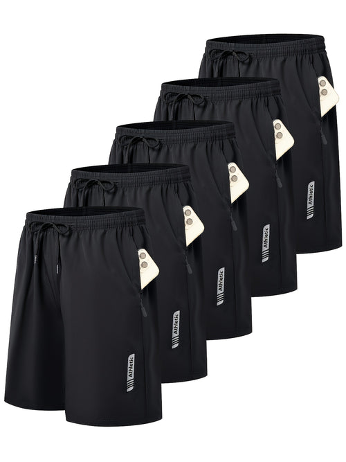 5pcs Men's Sports Gym Workout Shorts Basketball Shorts Men Stretch Waistband Side Zip Pocket Quick Drying