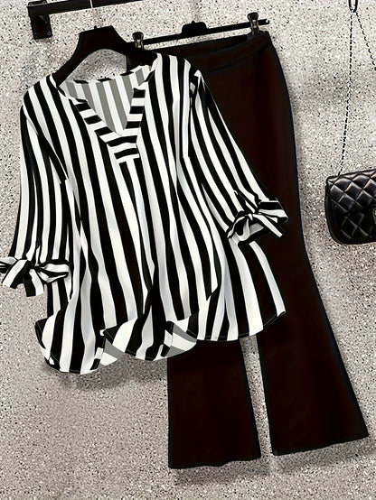 Black & White Striped Top + Flare Pants Set: V - Neck, Tie - Sleeves. Chic Office/Street Style. Trendy & Coordinated