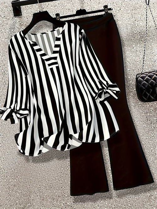 Black & White Striped Top + Flare Pants Set: V - Neck, Tie - Sleeves. Chic Office/Street Style. Trendy & Coordinated