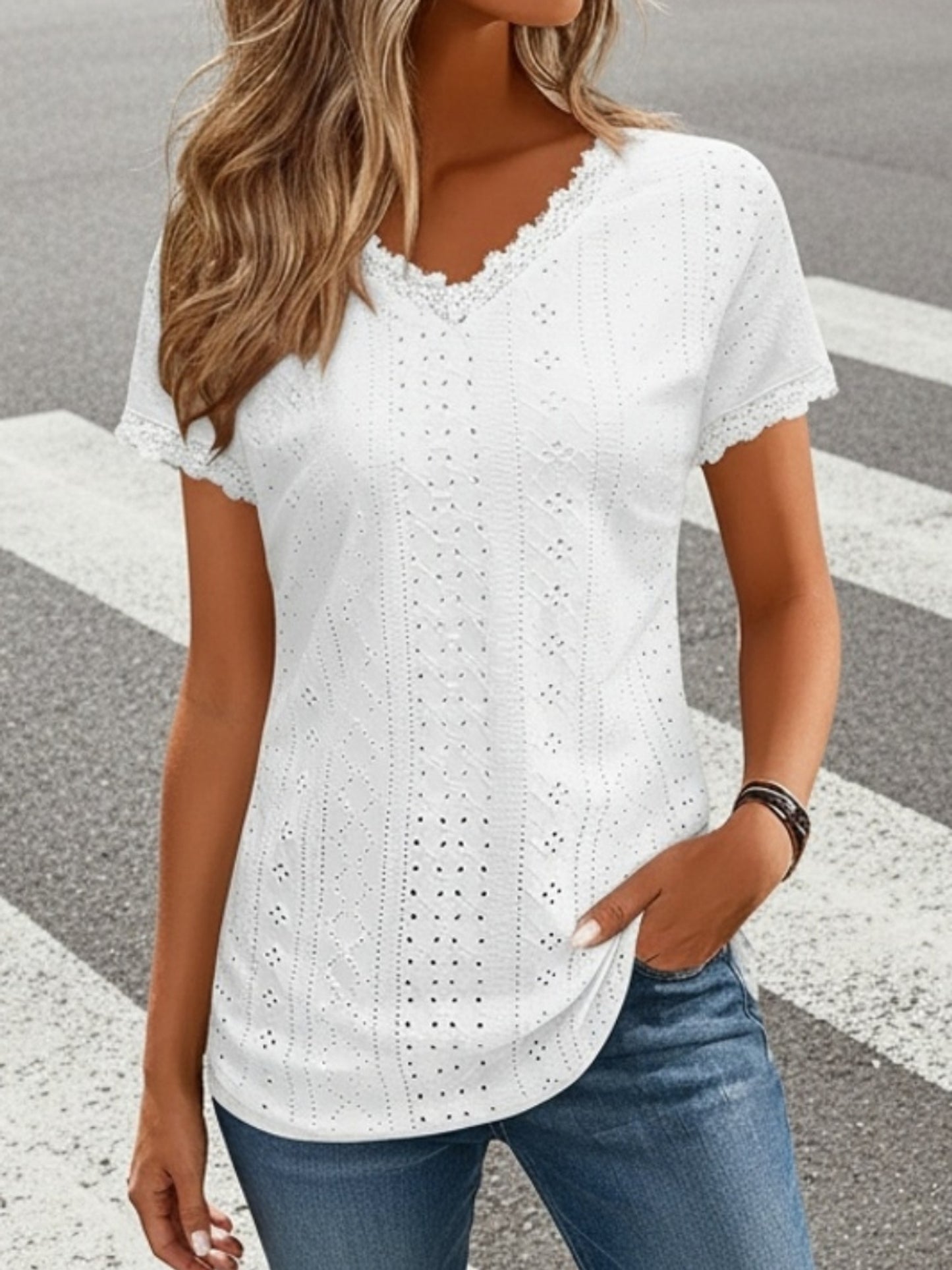 Casual Wear] Women'S Elegant Eyelet Lace V-Neck Blouse - Casual Boho Chic Short Sleeve, Breathable - Blend, Solid Color With Delicate Lace Trim, Perfect For Spring/Summer