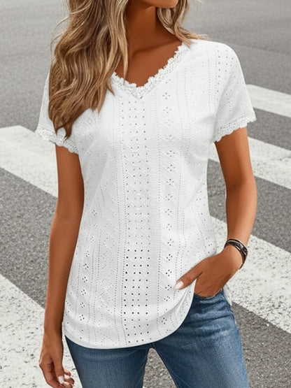 Casual Wear] Women'S Elegant Eyelet Lace V-Neck Blouse - Casual Boho Chic Short Sleeve, Breathable - Blend, Solid Color With Delicate Lace Trim, Perfect For Spring/Summer