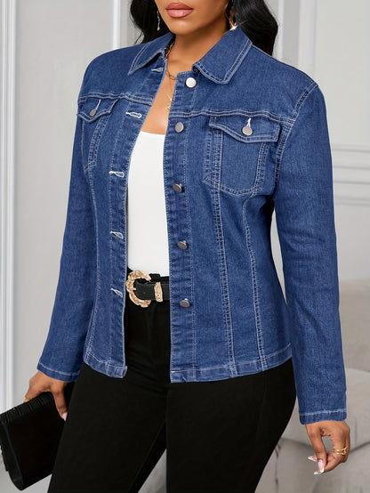Women's Slim-fit Street-style Denim Jacket, Trendy And Fashionable, Durable Dark Blue Denim Material That Replicates Classic Designs, Featuring Metal Buttons And Dual Pockets, Stretch Fabric, Suitable for Autumn And Winter.