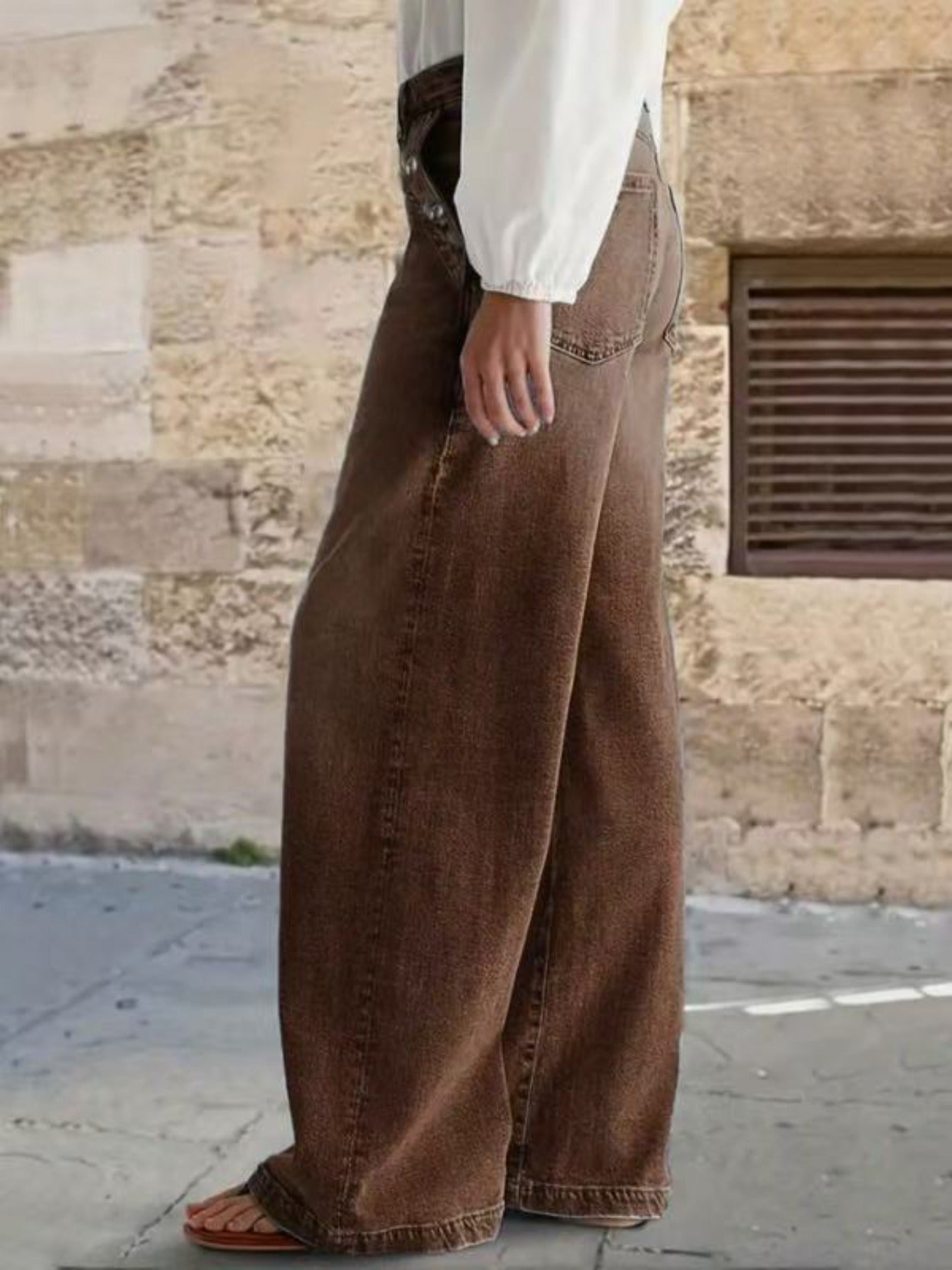 [Retro Wide-Leg Pants] 1pc Women's Retro Brown Wide-Leg Pants with Decorative Buttons & Pockets - Comfortable Versatile Bottoms for Casual Daily Wear, Street Style, Weekend Outings & Office Looks (S-XXL)