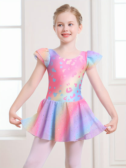 Christmas Girl's Dress; Dress; Dance Dress; One-piece Training Suit; Summer Rainbow Gradient Dress; Mesh Dress; Sweet Petal Sleeves; One-piece Dress; Children's Ballet Leotard; Back Bow.