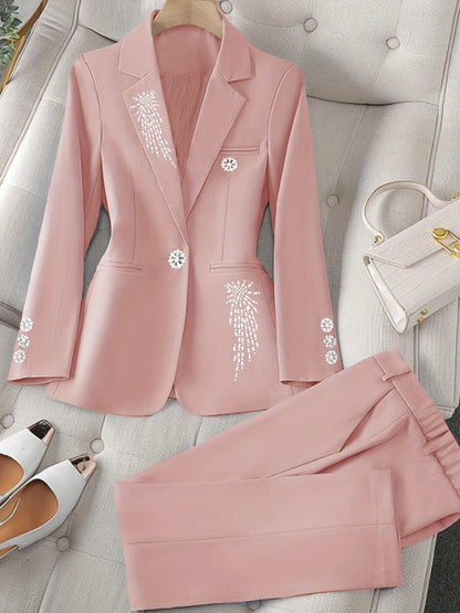 Orientation Models Women'S Casual Two-piece Set Fashion Business Style Solid Colour Hot Diamond Blazer Trousers Set