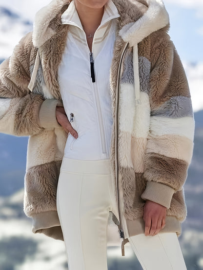 Winter And Autumn Warm Plush Quilted Zipper Pocket Hooded Loose-fitting Women'S Coat