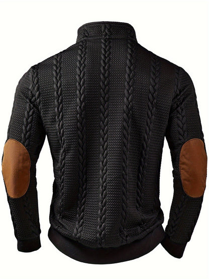 Casual Top for Men in Autumn/Winter, Featuring a Textured Wheat Pattern Fabric, Contrasting Ribbed Edges, And a Zippered Long-Sleeve Henley Design. an Ideal Present for New Year, Valentine'S Day, Or for Your Husband