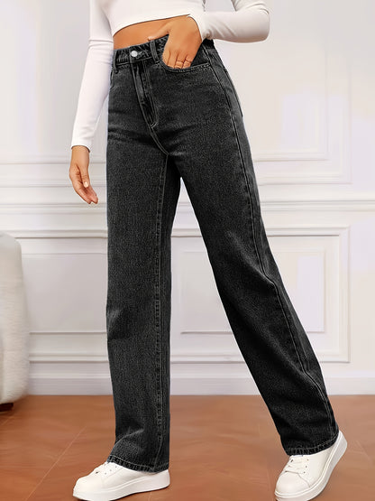 Light Blue Denim Zip Closure Straight Denim Trousers, High-waisted Street, Minimalist Design, Casual And Versatile, Loose Four-season Plus Size Jeans
