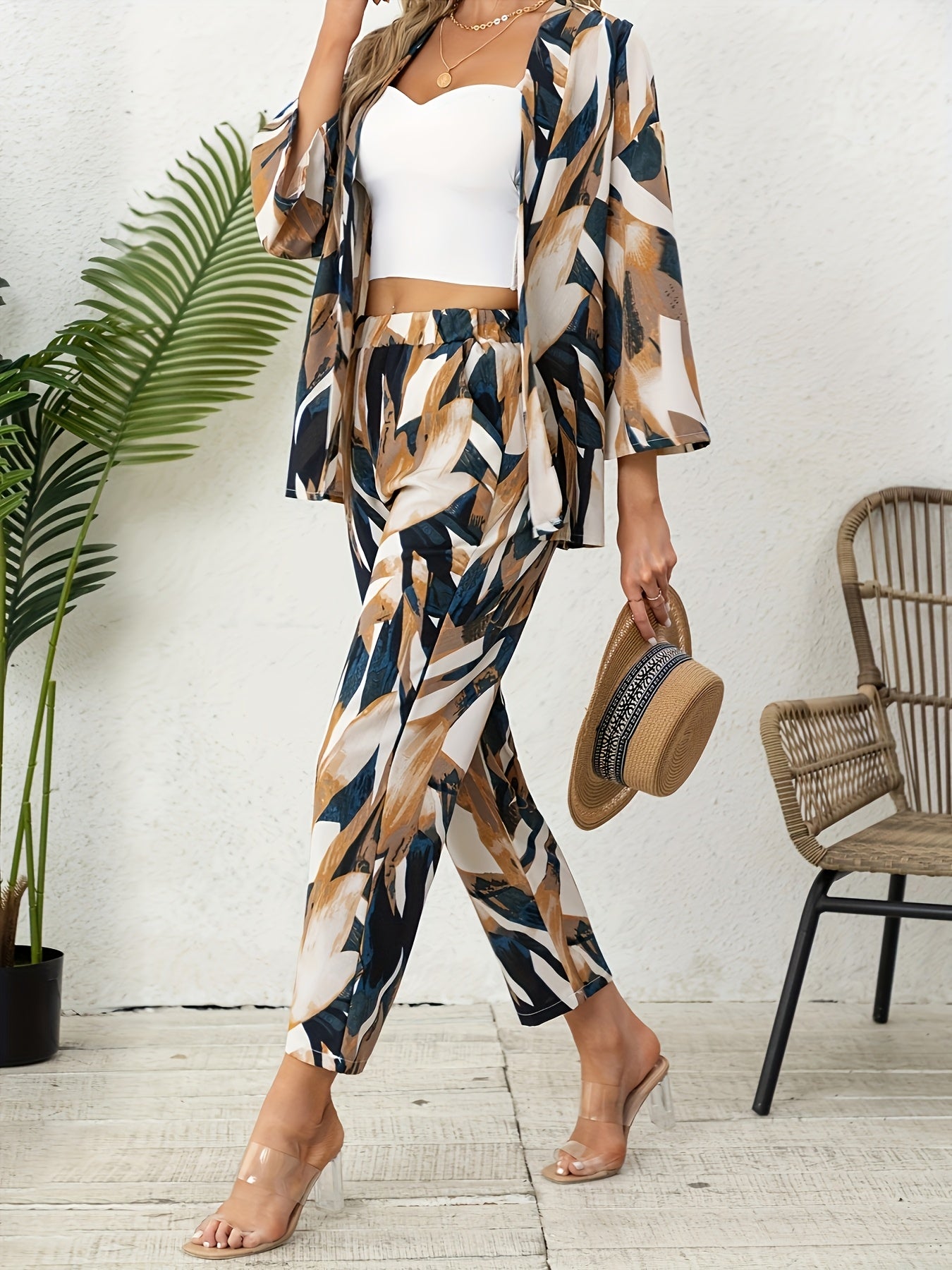[ Cloud Orientation ] Women'S Elegant Leaf Print Two Piece Set