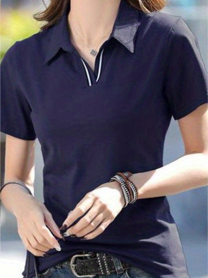 Women'S Casual V-Neck T-Shirt - Summer Short Sleeve Solid Color Top with Striped Collar & Waist Ribbon Detail, Machine Washable Regular Fit for Casual Attire, Comfortable Daily Tee, Stylish Ribon Detail, Smooth Fabric Tee