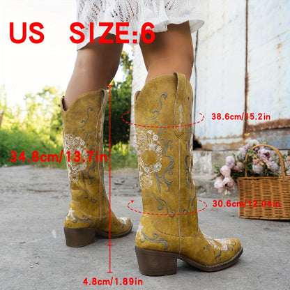 Women'S Retro Embroidered Skull Western Cowboy Boots - Slip-On Chunky Mid-Heel Square Toe, Faux Cover & TPR Outsole, All-Season Comfort for Halloween, Casual & Themed Events, Cowboy Accessories, Themed Event Footwear, Durable Footwear Construction