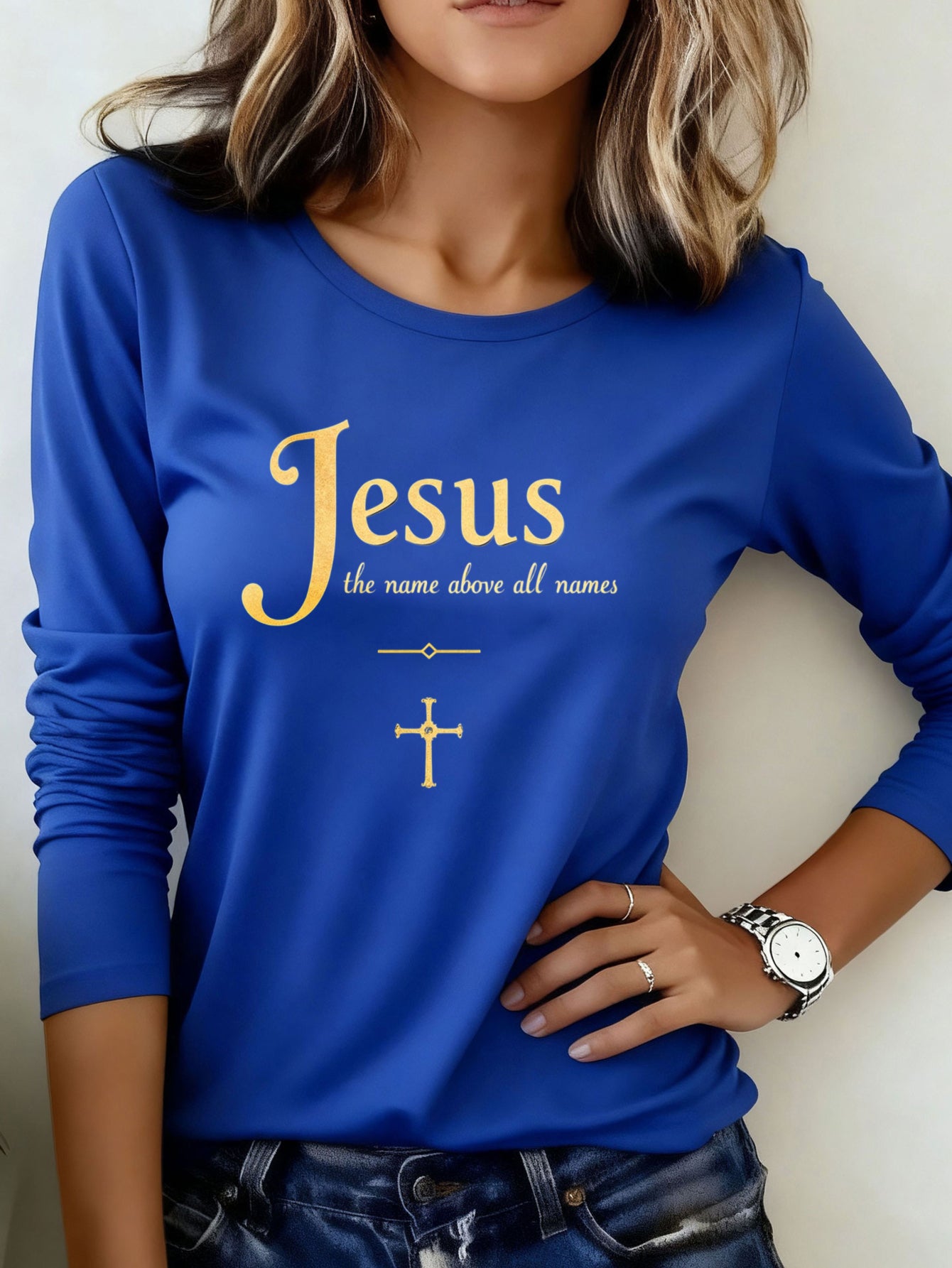 Woman T shirts 1pc Jesus The Name Above All Names Washable Comfortable Durable Easy Wear Casual Holiday Party Outfit Fashion 200g Heavyweight Long Sleeve T Shirt (100% Polyester)