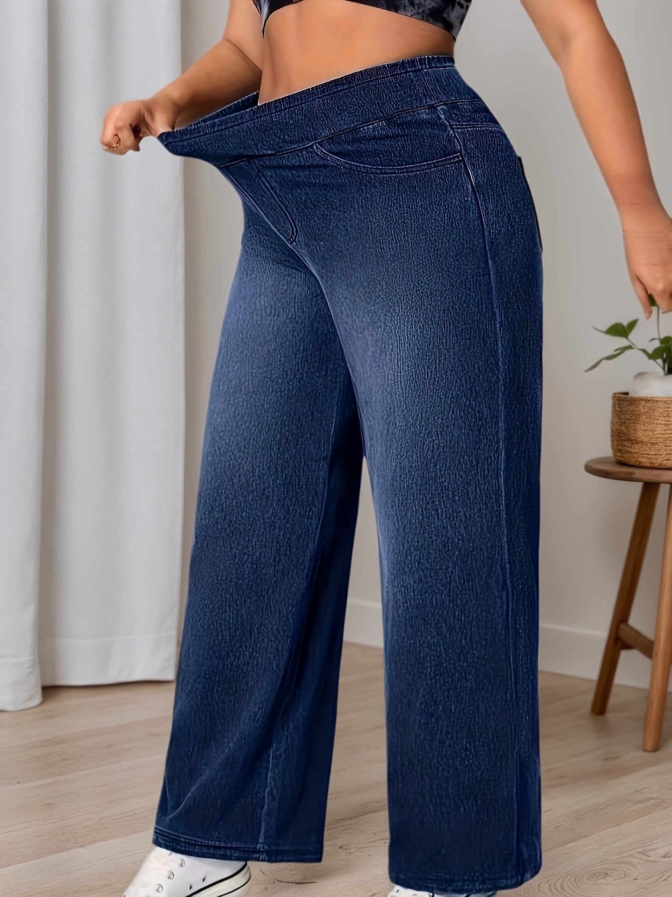 Women's Plus Size High-Waisted Wide-Leg Denim Pants - Stretch Elastic Waistband Beltless -Line Trousers, Wash-Finished Solid Blue Jeans Suitable for All-Season Casual Wear, Office, Everyday Outfits (Machine Washable)