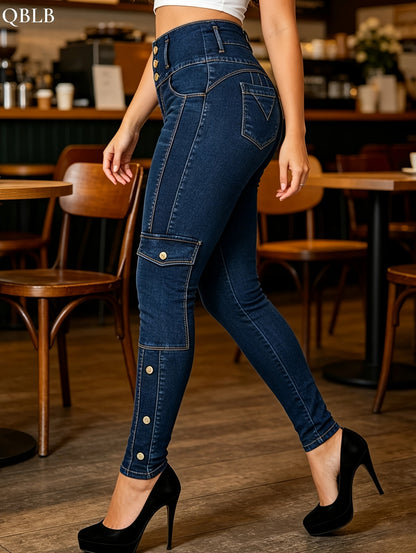 Women'S Jeans, Deep Sea Blue Trendy Slim Fit Pants, Metal Button Placket Waist, Side Cargo Pockets, Vintage Washed Dark Blue, Suitable for Commute, Street Style And Dating, Wearable All Year Round