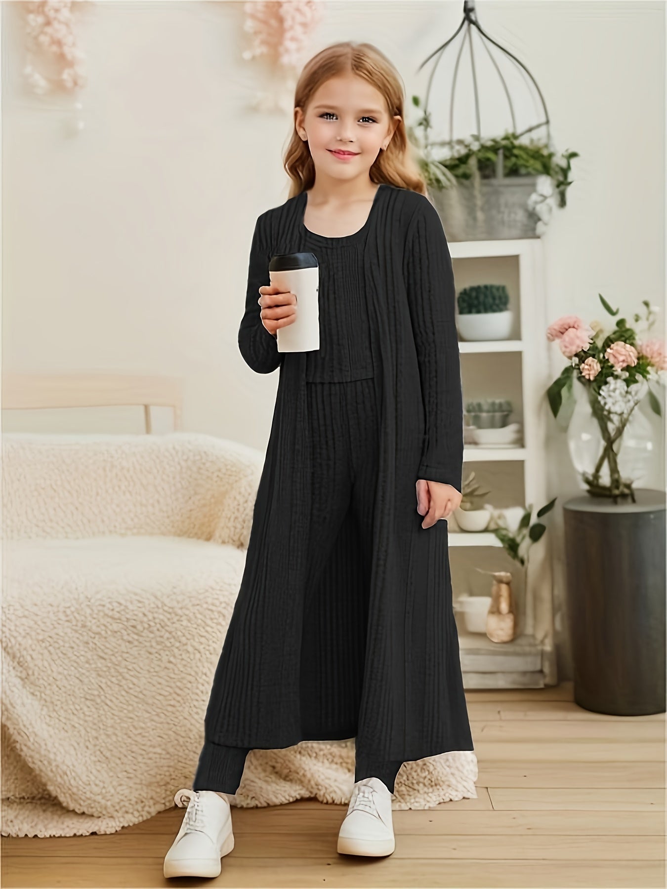 Stretchy Knitwear 3pcs Girls, Long Sleeve Shawl Knit Cardigan + Top + Leggings Kids Gift, perfect for casual outdoors & walking dog, Perfect for Outdoor